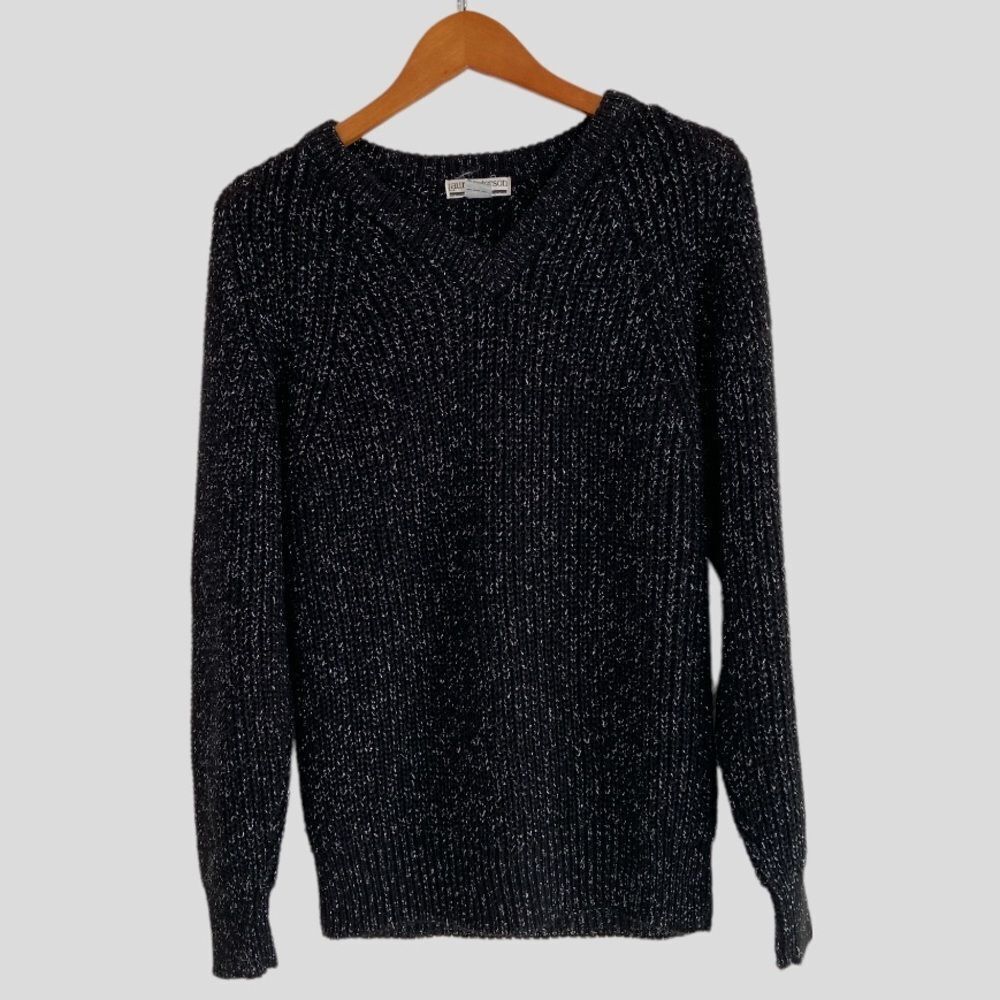 Vintage Laura Peterson Black Metallic Chunky Knitted V-Neck Sweater Size 36